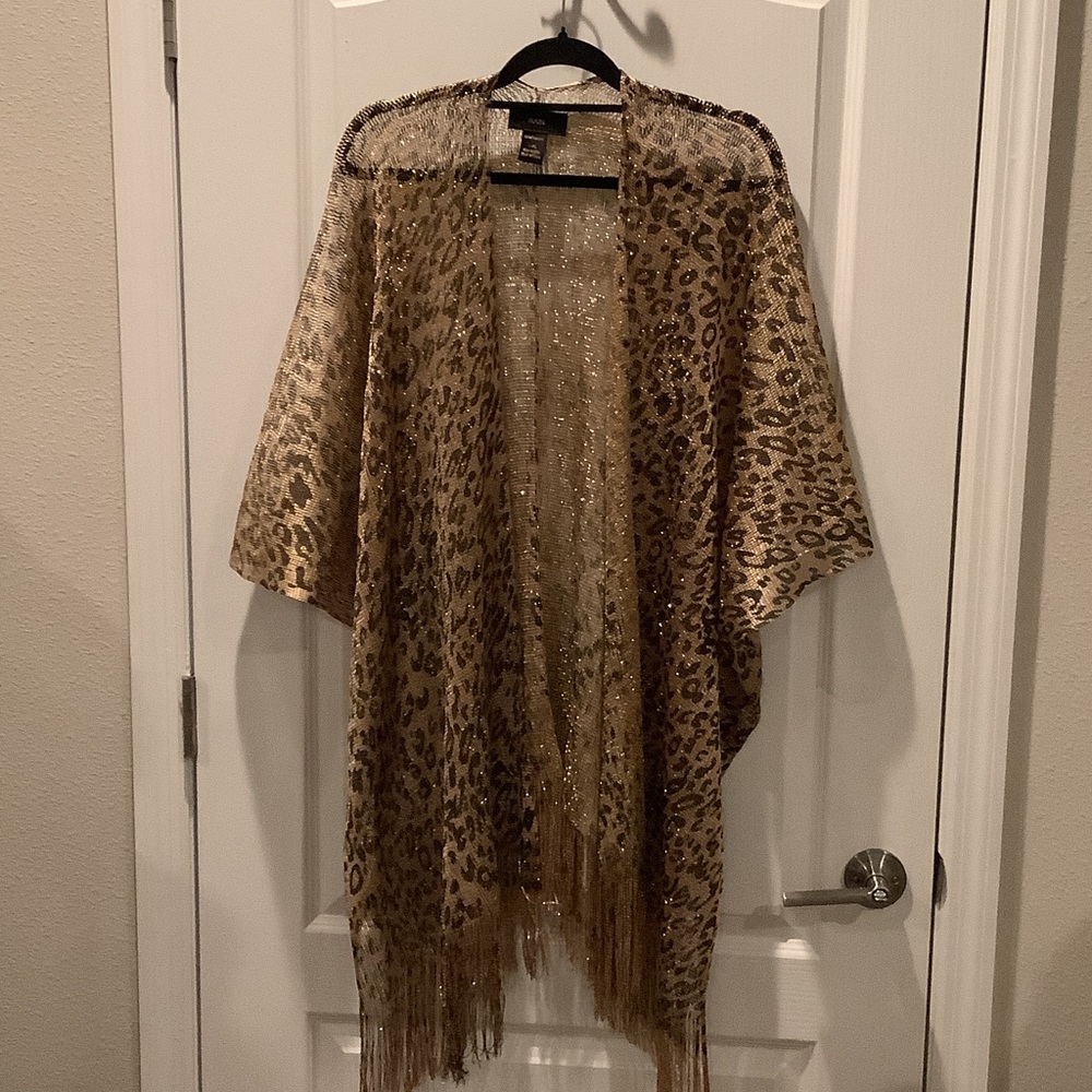 Leopard Print Fringe Kimono Cover-Up in Gold
